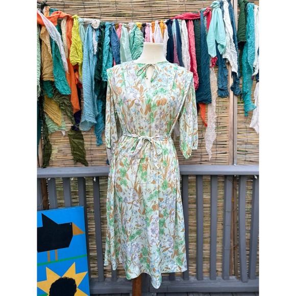Vintage 70s 80s Floral Midi Dress Pastel Polyester Handmade Garden Party - Picture 3 of 11